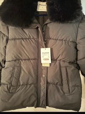 Women's black puffit Puffer Jacket with Faux Fur Collar